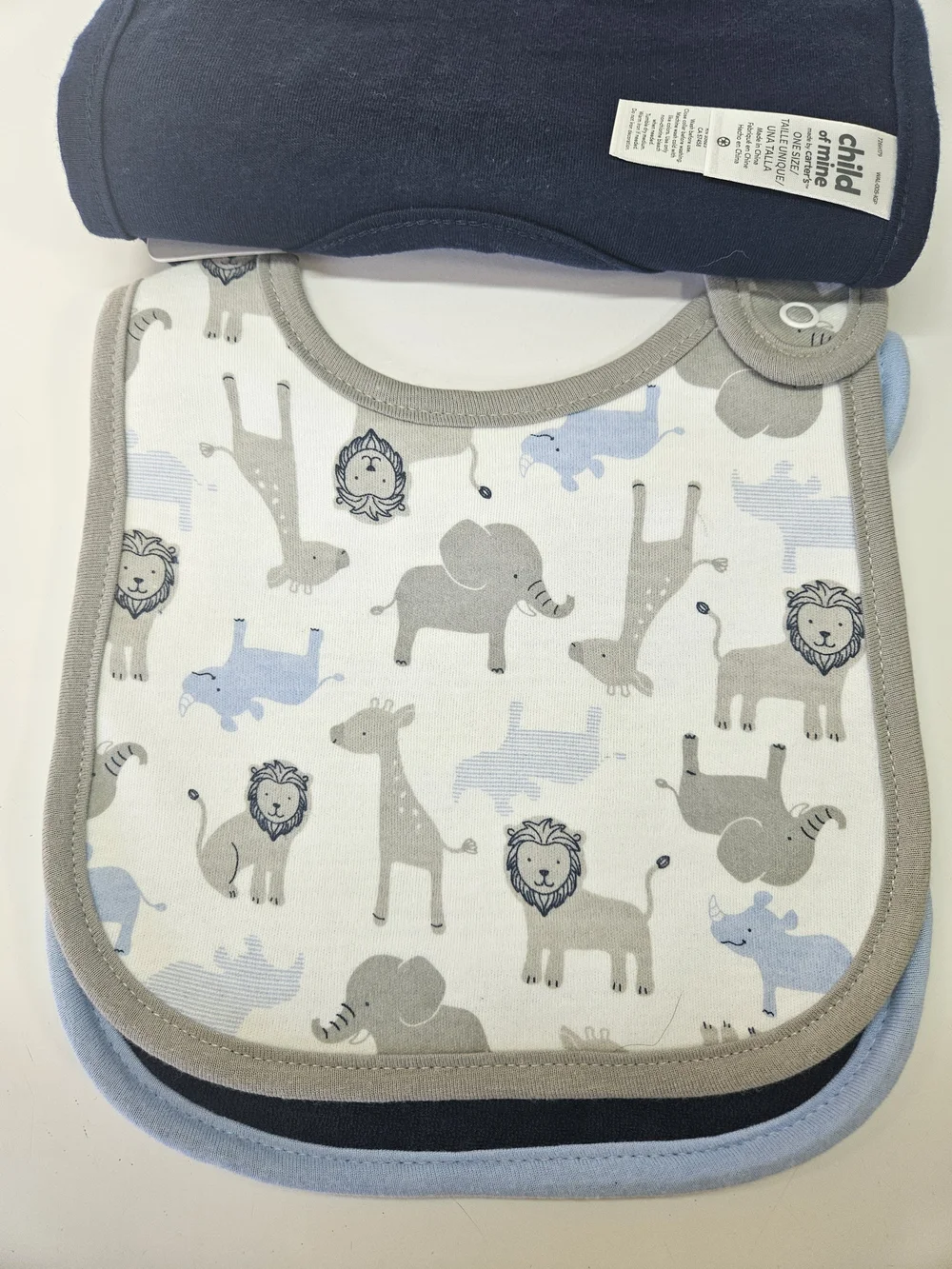NEW Child of Mine by Carter's Blue Baby Bibs Lion Animals Grandma Themed 3 Pack